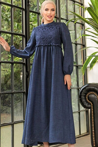 Naliru Uzun Balon Kol Bisiklet Yaka Üstü Güpür Dantelli Beli Fırfırlı Maxi Şı...