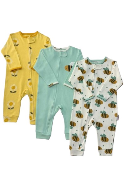 Pivami Bee and Daisy Themed 3-Piece Zippered Baby Romper Set