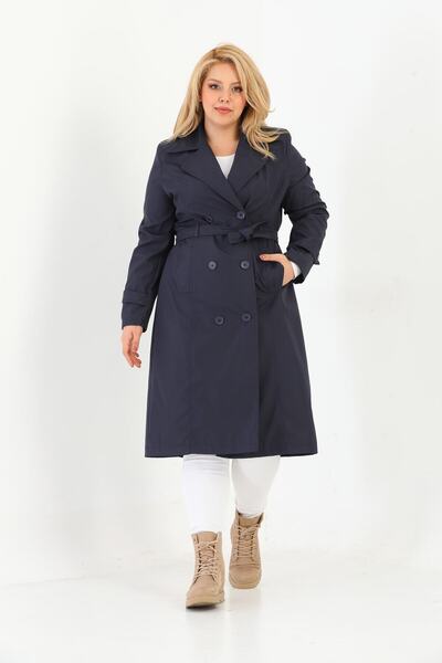 Genel Markalar Kadın Suya Dayanıklı Büyük Beden Trençkot Kemerli Uzun Kruvaze Trençkot Bonded Kumaş Astarlı Laci
