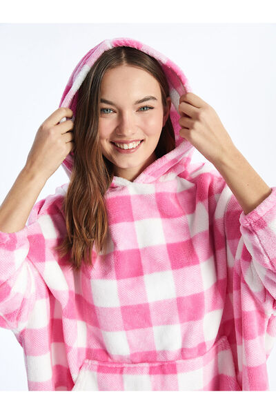 LC Waikiki Lcw Top de pijama de pluș pentru femei, cu glugă, în carouri, cu mânecă lungă