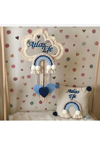 renkli mi renkli tasarım dünyası Makrome Gökkuşağı Kapı Süsü Ve Dekoratif Isimli Yastık 2'li Set Çocuk Odası Bebek Odası