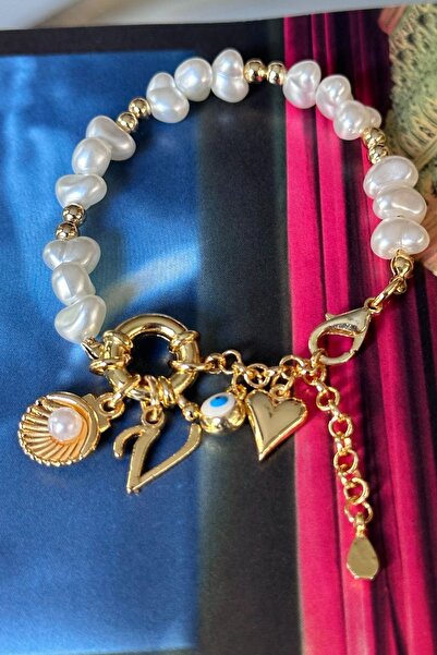 Trendy Butik V Letter Pearl Model Oyster, Evil Eye and Heart Dangle Design Br...