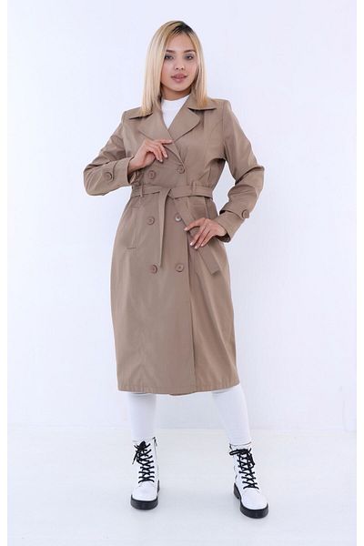 TUTveAL Collection Water Resistant Trench Coat, Long Double Breasted Trench Coat with Belt, Trendy Trench Coat, Seasonal, Mink