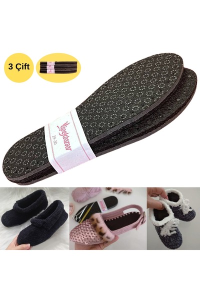 YeferStore 3'lü Siyah Hobi Örgü Panduf Patik Tabanı Kaydırmaz -eva-yün Keçe 3...