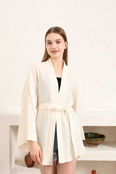 COTTOWOO Ecru Muslin Women's Short Kimono Jacket - Wrapped, Belted Pareo