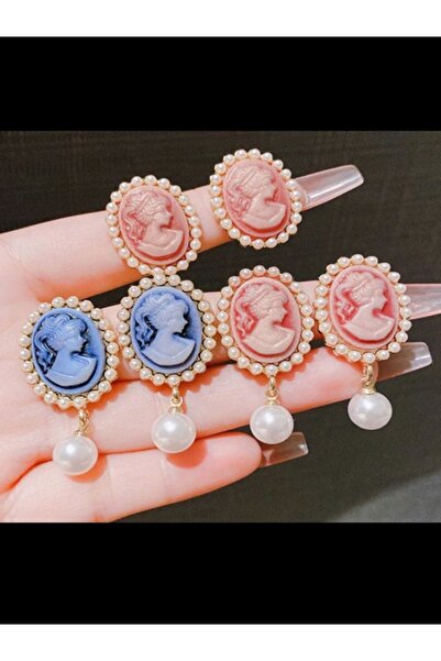 Shisa Jewel Mavi Victoria Kabartmalı Güzellik Kafa Inci Pembe Kupe Kadın Retr...