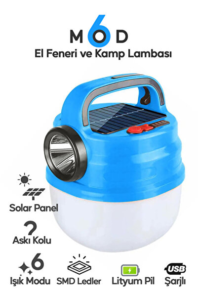 SULED 6 Modlu El Feneri ve Kamp Lambası USB & Solar Şarjlı SMD Led Askılı Taşınabilir Işık