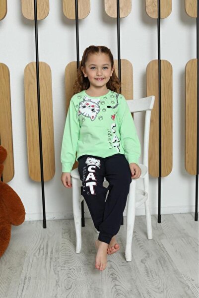 Mutlu City New Season Girl's Waiter Long Sleeve Cotton Cat Pattern Combed Cotton Pajama Set 6053