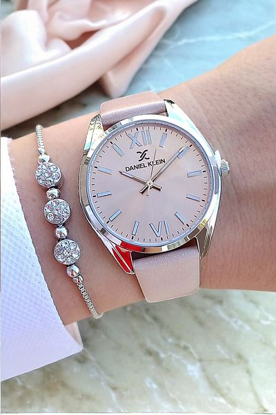 Daniel Klein Powder Leather Strap Women's Wristwatch + Zircon Stone Bracelet