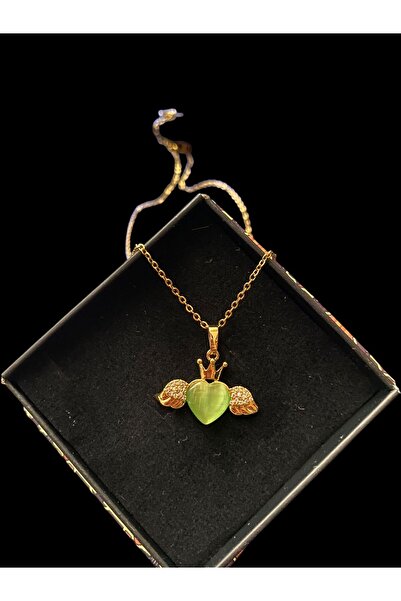 STAİNLES Melek Kanadı Yeşil Kalp Taç Detaylı Çelik Kolye