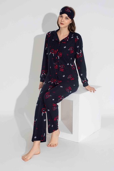 Mutlu City New Season Autumn/Winter Girls Deer Patterned Suede Pajama Set 2724-11 Navy Blue