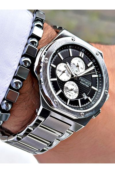 Ferrucci Silver Color Steel Cord Functions Active Men's Wrist Watch + Bracelet