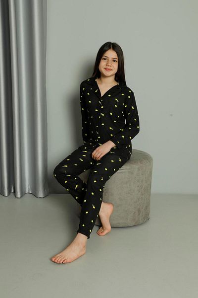 Mutlu City Set de pijamale pentru femei cu model de lămâie - guler cămăși, cu nasturi, potrivire confortabilă 38000