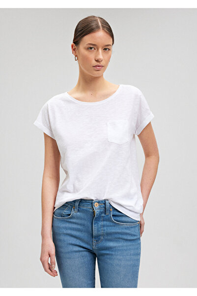Mavi Cepli Flamlı Beyaz Basic Tişört Loose Fit / Bol Rahat Kesim 165846-21649