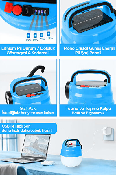 SULED 6 Modlu El Feneri ve Kamp Lambası USB & Solar Şarjlı SMD Led Askılı Taşınabilir Işık