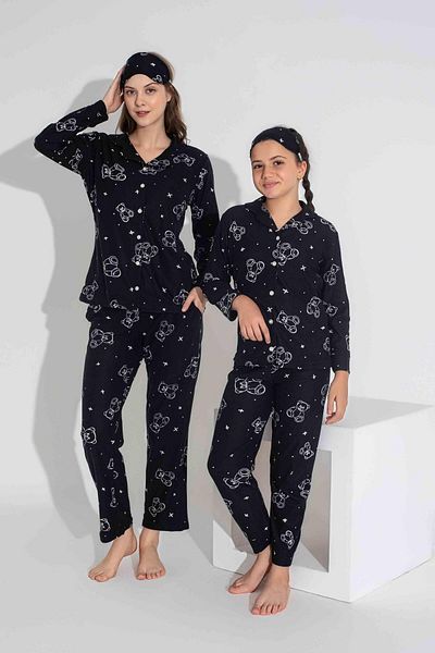 Mutlu City Noul sezon, toamnă/iarnă, set de pijamale din piele intoarsa cu model ursuleț pentru fete 2724-9 negru