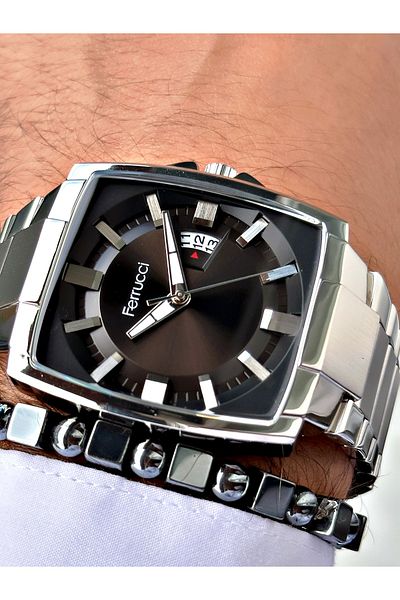 Ferrucci Silver Color Square Classic Steel Cord Men's Wrist Watch + Bracelet
