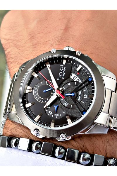 Ferrucci Silver Color Sports Function Steel Cord Men's Wrist Watch + Bracelet