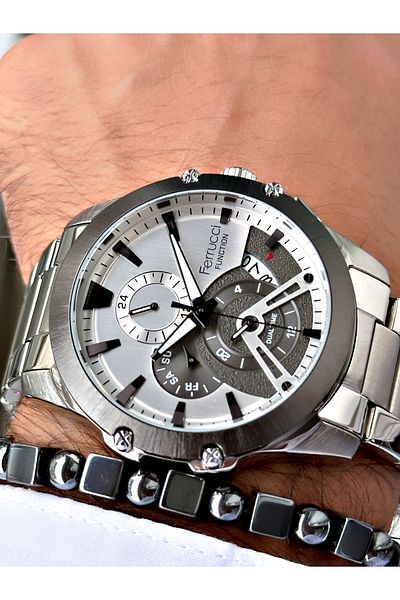 Ferrucci Silver Color Sports Function Steel Cord Men's Wrist Watch + Bracelet