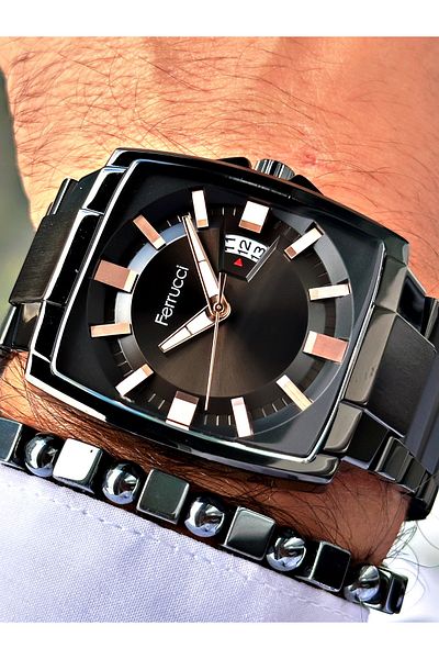 Ferrucci Black Color Square Classic Steel Cord Men's Wrist Watch + Bracelet