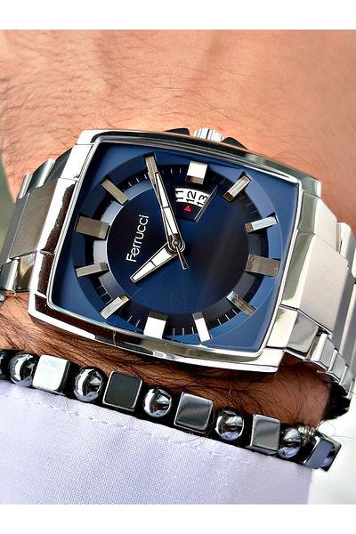 Ferrucci Silver Color Square Classic Steel Cord Men's Wrist Watch + Bracelet