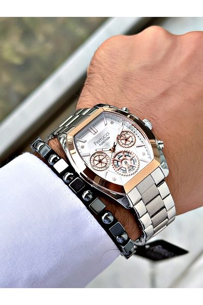 Ferrucci Silver Color Functions Active Square Model Classic Men's Wrist Watch + Bracelet