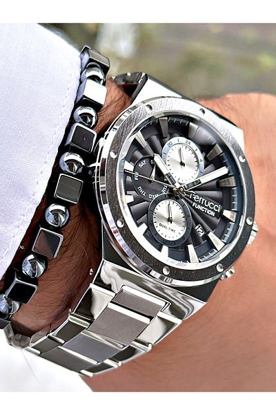 Ferrucci Silver Color Functions Active Sports Steel Cord Men's Wrist Watch + Bracelet