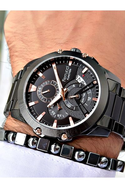 Ferrucci Black Color Sports Function Steel Cord Men's Wrist Watch + Bracelet