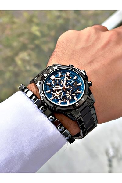 Ferrucci Black Color Functions Active Sports Steel Cord Men's Wrist Watch + Bracelet