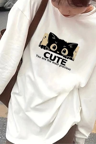 Gofeel Λευκό Unisex Cute Cat Print Μακρυμάνικο T-Shirt