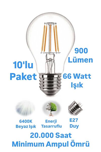 repplam 8W Rustik Led Ampul Beyaz Işık 900 Lümen E27 Duylu Dekoratif Ampul Fl...
