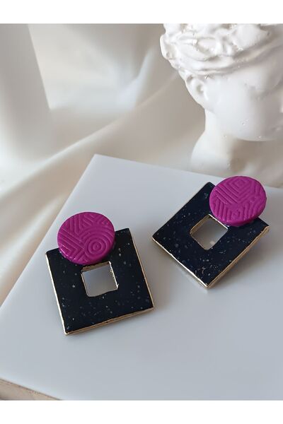 La fee aksesuar Geometrik Şekilli- Çelik Küpe Iğneli Özel Tasarım El Yapımı L...