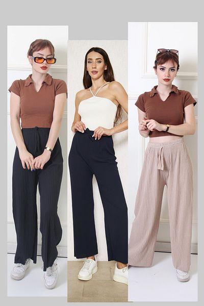 Rudaconcept Partea de jos de pijama confortabilă 3 buc, cu nervuri și partea de jos de pijama din 3 piese