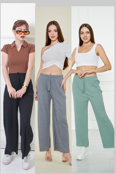 Rudaconcept Partea de jos de pijama confortabilă 3 buc, cu nervuri și partea de jos de pijama din 3 piese