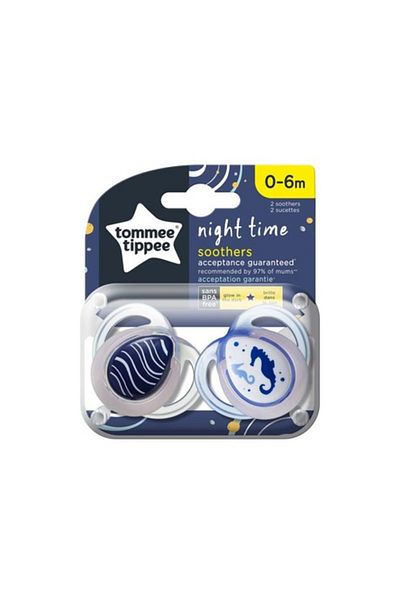 tommee tippee Night Time 2-Piece Orthodontic Silicone Pacifier 0-6 Months Light Blue