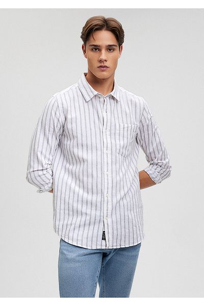Mavi Γκρι ριγέ λινό πουκάμισο Slim Fit -0210871-80018