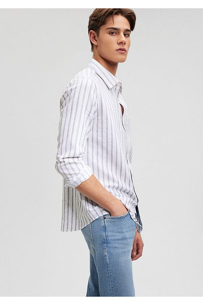 Mavi Γκρι ριγέ λινό πουκάμισο Slim Fit -0210871-80018