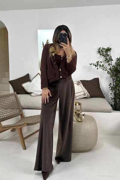 Sohotique By P Bitter Brown Velvet Wide Leg Trousers