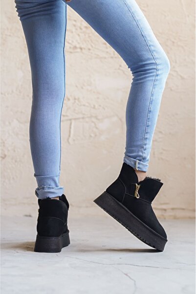 MODAADAM Γυναικείες κοντές μπότες από γούνα Getto - Μαύρο