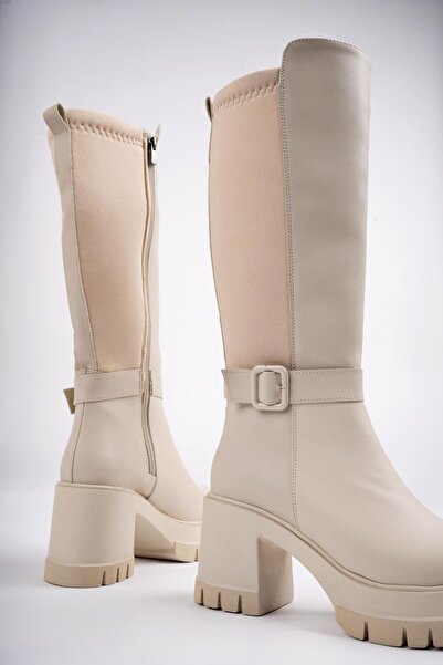 MUGGO Arongo Garantili Kemer Detaylı Fermuarlı Platform Topuklu Kadın Çizme