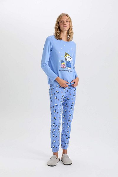 DeFacto Dfc - Women's Fall in Love Snoopy Regular Fit Crew Neck Long Sleeve Top Bottom Pajamas Set