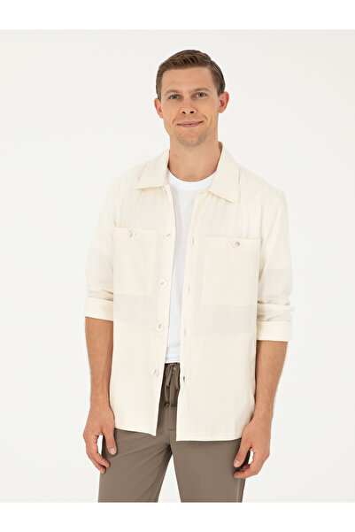 Cacharel Ecru Regular Fit Linen Blended Pocket Jacket Shirt 50285343-Vr019