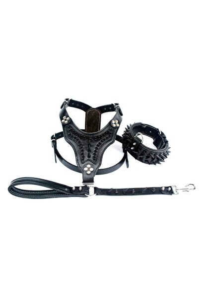 AC LEATHER AYARLANABİLİR DERİ GÖĞÜS TASMASI YÜRÜYÜŞ SETİ SİYAH FİL DİŞİ DETAYLI