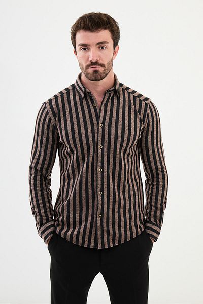Mcr Striped Slim Fit Wool Men's Shirt Beige - 27008.24K