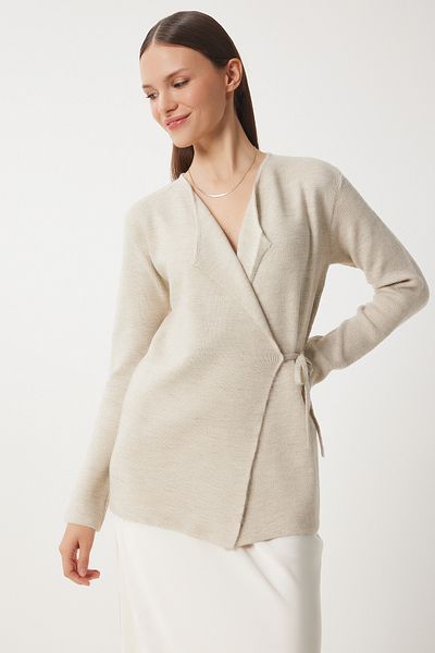 Happiness İstanbul Women's Beige Wrap Collar Belted Seasonal Knitwear Cardigan Us00929