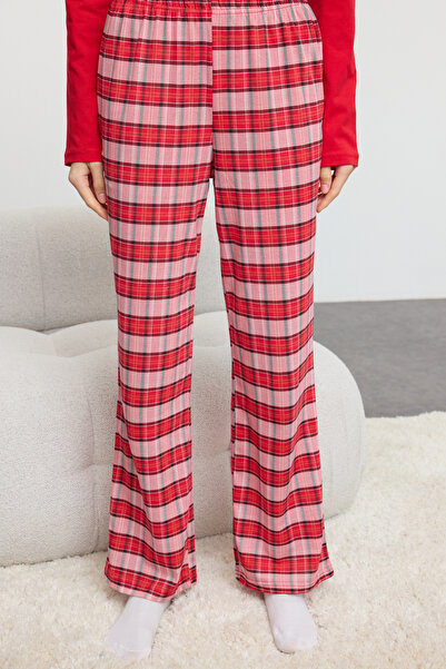 Trendyol Collection Bavlněný červený kostkovaný pyžamový set a spací čelenka - Thmaw25Pt00181