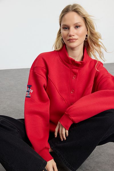 Trendyol Collection Dark Red Embroidered Fleece Oversize Sweatshirt - Stand Collar Twoaw24Sw00322