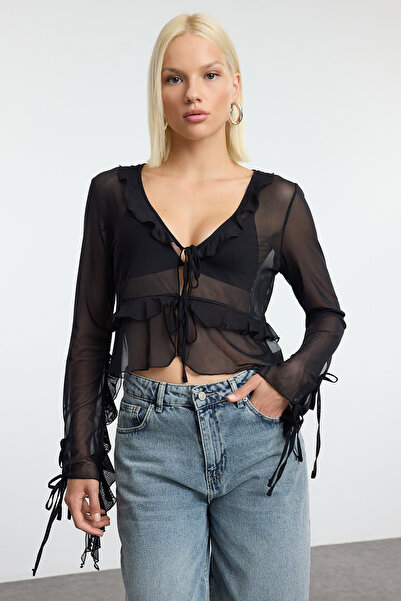 Trendyol Collection Black Ruffle Detailed Regular Blouse - Straight Lacing, Knitted - Twoaw25bz00196