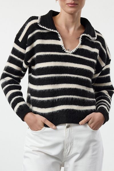 Edit by Trendyol Polo Neck Striped Soft Knitwear Sweater - Black Tedaw25Kz00020