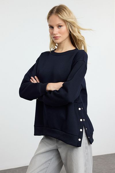 Trendyol Collection Fleecová pletená mikina pohodlného střihu – námořnická modř, zapínání na zapínání, tlusté vnitřní Twoaw25sw00261